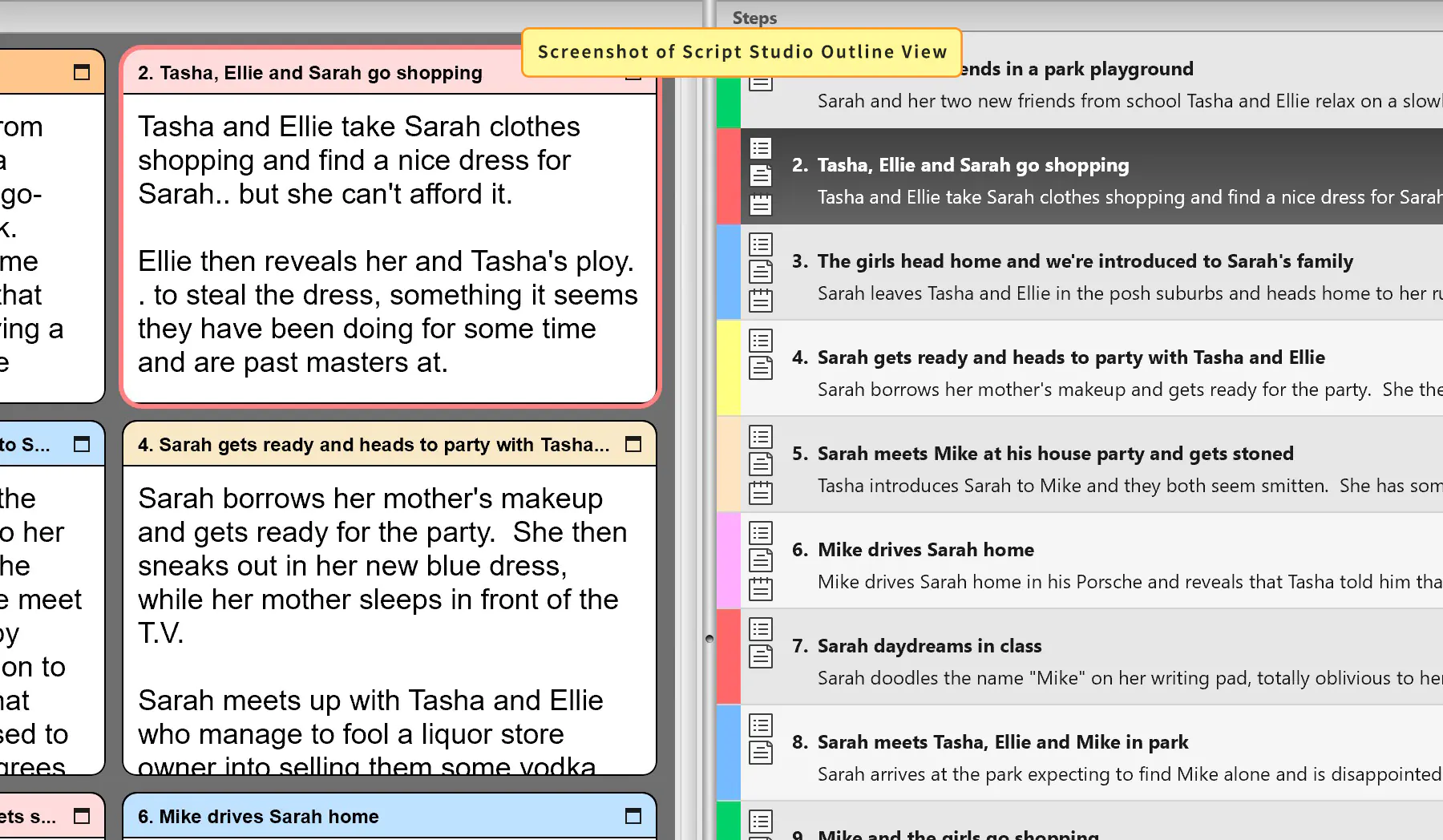 Screenshot of color-coded story structure and film script outline