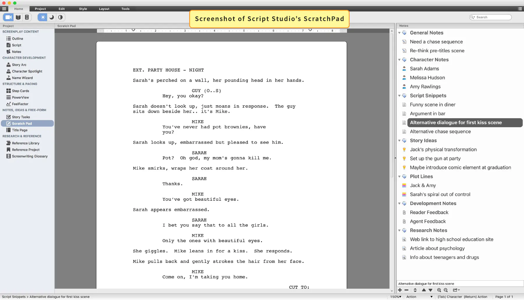 Screenshot of Screenwriter Scratch Pad Story Ideas